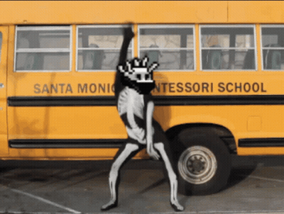 Skeleton Standing In Front Of School Bus Saying Santa Monica Montessori School GIF