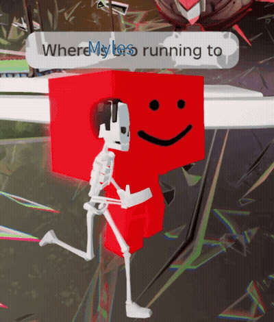 Skeleton Standing Next To Red Cube Saying Where Myles Running To GIF