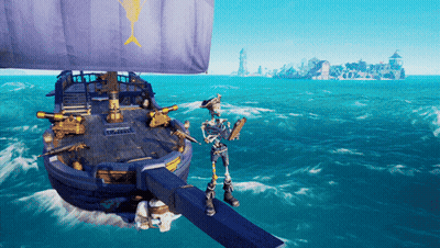 Skeleton Standing On Side Of Boat In Ocean GIF