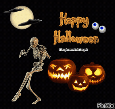 Skeleton Surrounded By Pumpkins Happy Halloween GIF