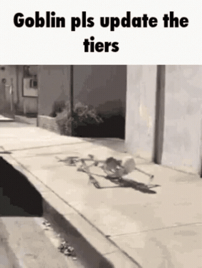Skeleton Walking Down Sidewalk Saying Goblin Pls Update The Tiers GIF