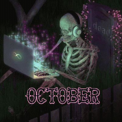 Skeleton Wearing Headphones Typing On Laptop October GIF
