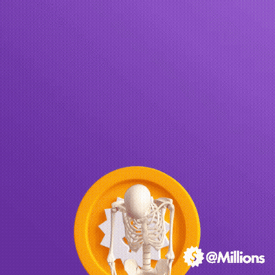 Skeleton With Cane Standing In Front Of Coin With Question Mark GIF