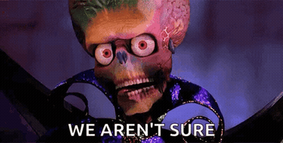 Skeleton With Glasses And Red Eyes Holding Scissors Saying We Aren't Sure GIF