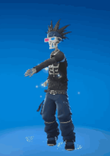 Skeleton With Mohawk And 3D Glasses Dancing On Blue Background GIF