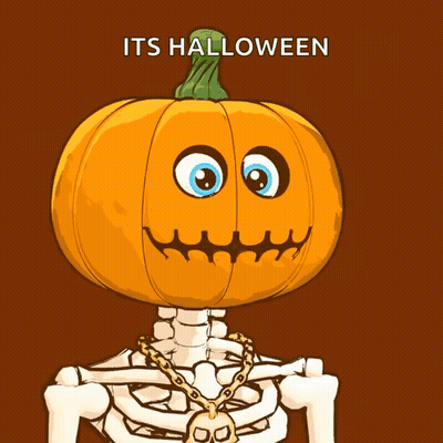 Skeleton With Pumpkin Head Saying Its Halloween GIF