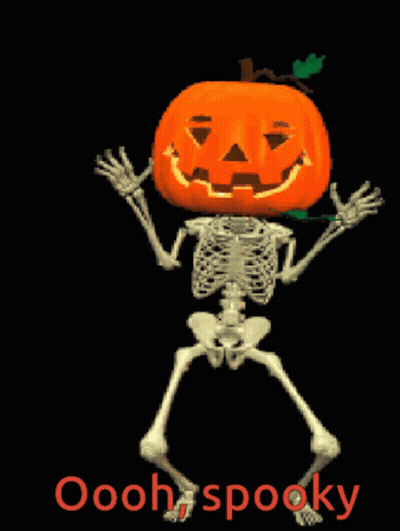 Skeleton With Pumpkin Head Saying Oooh Spooky