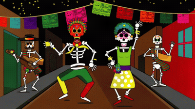 Skeletons Dancing In Front Of Dia De Los Muertos Banner GIF