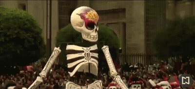 Skeletons Dancing In Front Of Dia De Los Muertos Banner GIF