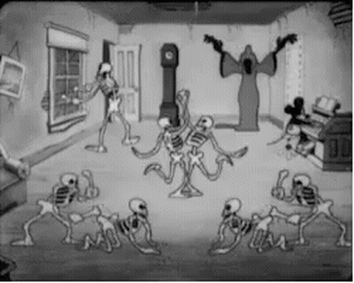 Skeletons Dancing With Ghost In Background GIF