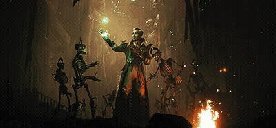 Skeletons Standing Around Man Holding Glowing Object GIF