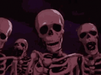 Skeletons Standing In Dark Room Smiling GIF