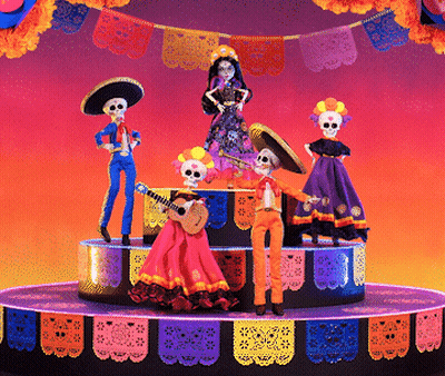Skeletons Standing On Podium With Paper Flags GIF