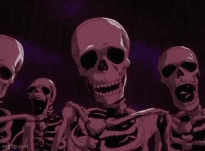 Skeletons With Mouths Open In Dark Room GIF