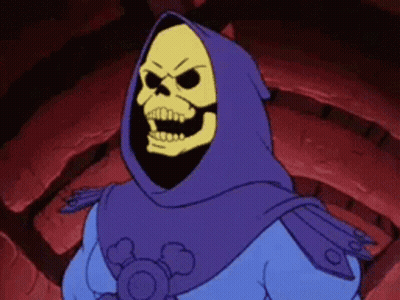 Skeletor From The Masters Of The Universe Is Wearing A Purple Hooded Cape . GIF