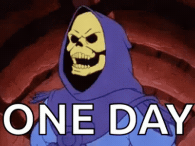 Skeletor From The Masters Of The Universe Is Wearing A Purple Hooded Jacket And Says `` One Day '' . GIF