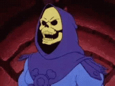 Skeletor In Purple Hooded Cape And Blue Shirt GIF