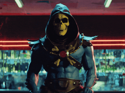 Skeletor Standing In Front Of Bar With Red Light GIF