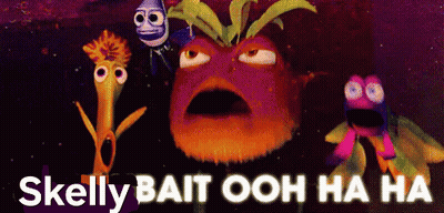 Skelly Bait Ooh Ha Ha Written On A Poster With Cartoon Characters GIF