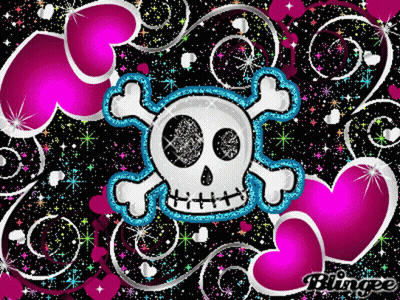 Skull And Crossbones Surrounded By Pink Hearts And Swirls GIF
