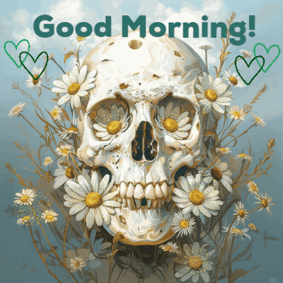Skull Surrounded By Daisies Saying Good Morning GIF
