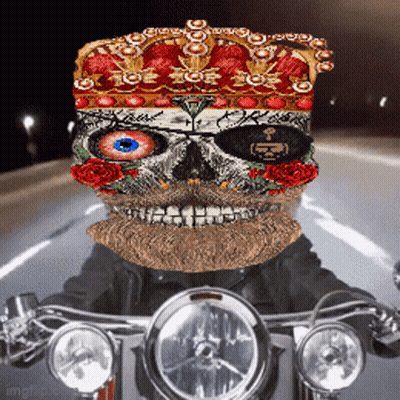 Skull With Beard And Crown Riding Motorcycle GIF