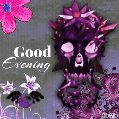 Skull With Purple Flowers Saying Good Evening GIF