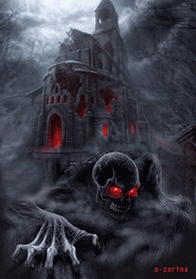 Skull With Red Eyes Crawling In Front Of Building GIF