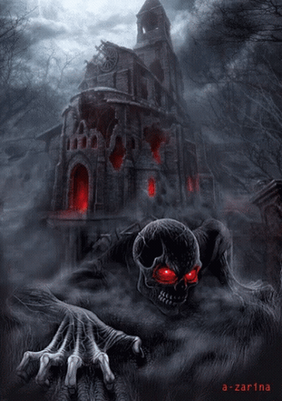 Skull With Red Eyes Crawling In Front Of Castle GIF