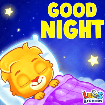 Sleeping Cartoon Lion In Bed Saying Good Night Lucas & Friends GIF