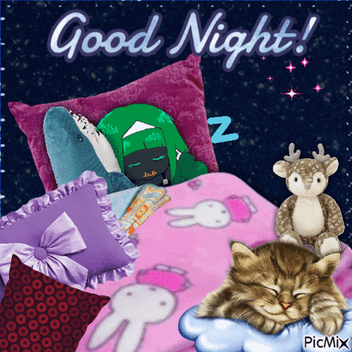 Sleeping Cat With Stuffed Animals And Good Night GIF