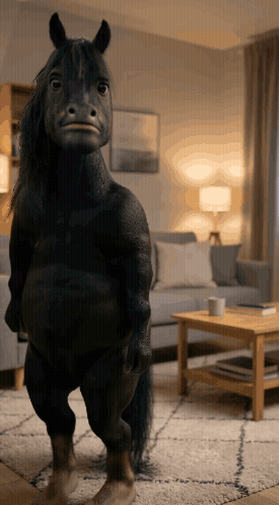 Small Black Horse Standing Beside Couch GIF