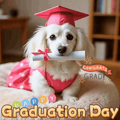 Small Dog In Graduation Cap And Gown GIF