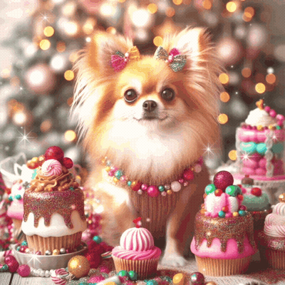 Small Dog With Bow Next To Cupcakes GIF