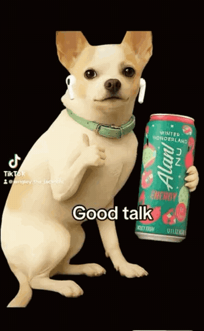 Small Dog With Ear Buds Holding Energy Drink Thumbs Up GIF