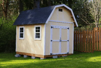 Small Shed With Black Roof And White Trim In Grass GIF