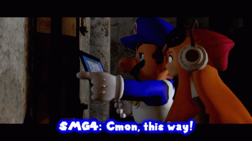 Smg4 : Gmon This Way Written On A Screen With Two Cartoon Characters GIF