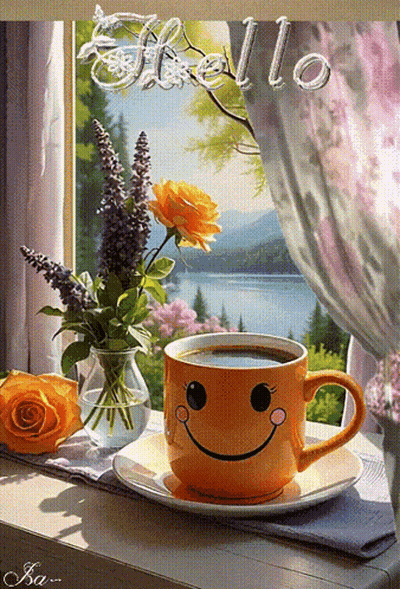 Smiley Coffee Cup With Hello GIF
