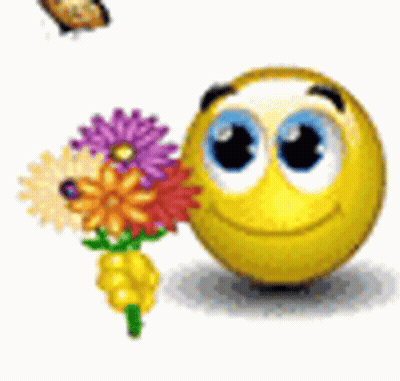 Smiley Face Holding Bouquet Of Flowers With Butterfly GIF