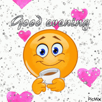 Smiley Face Holding Cup Of Coffee Saying Good Evening GIF