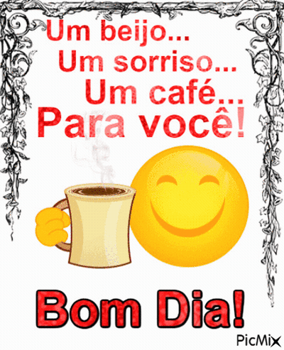 Smiley Face Next To Coffee Cup Saying Bom Dia GIF
