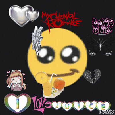 Smiley Face Surrounded By Hearts Butterfly And My Chemical Romance Logo GIF