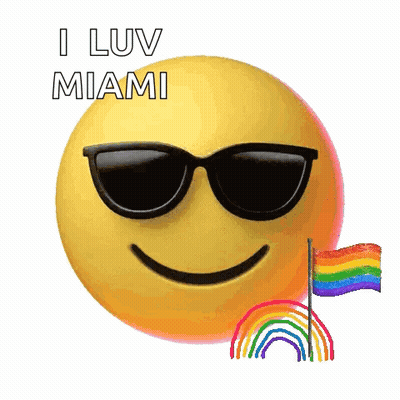 Smiley Face Wearing Sunglasses Says I Luv Miami Next To Rainbow Flag GIF