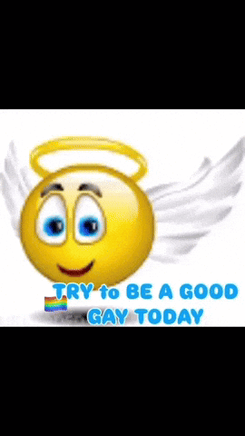 Smiley Face With Angel Wings And Rainbow Flag Says Try To Be A Good Gay Today GIF