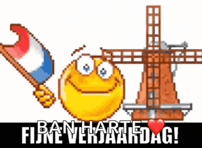 Smiley Holding Flag Next to Windmill Ban Harte Fijne Verjaardag