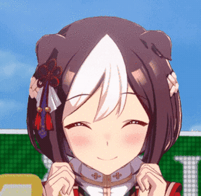 Smiling Anime Girl With White Hair Stripe GIF