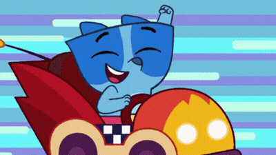 Smiling Blue Cartoon Character Holding Yellow Circle GIF