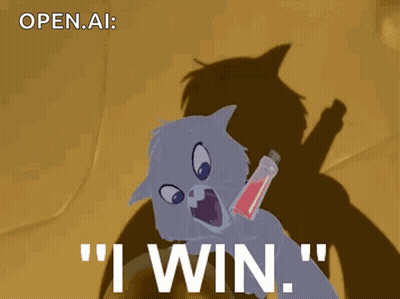Smiling Cartoon Cat Holding I Win Bottle GIF