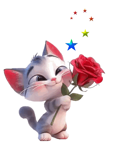 Smiling Cartoon Cat Holding Rose Sticker