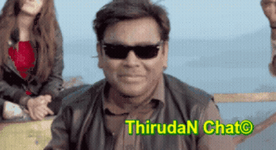 Smiling Man In Sunglasses In Front Of Thiruda Chat Sign GIF